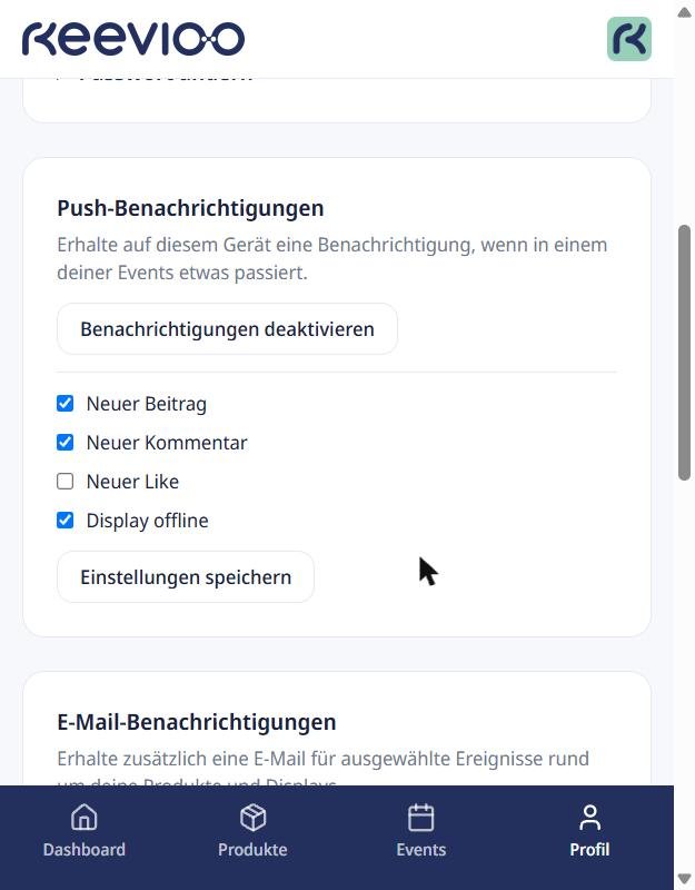 Profil-Bereich mit Push- und E-Mail-Benachrichtigungs-Einstellungen