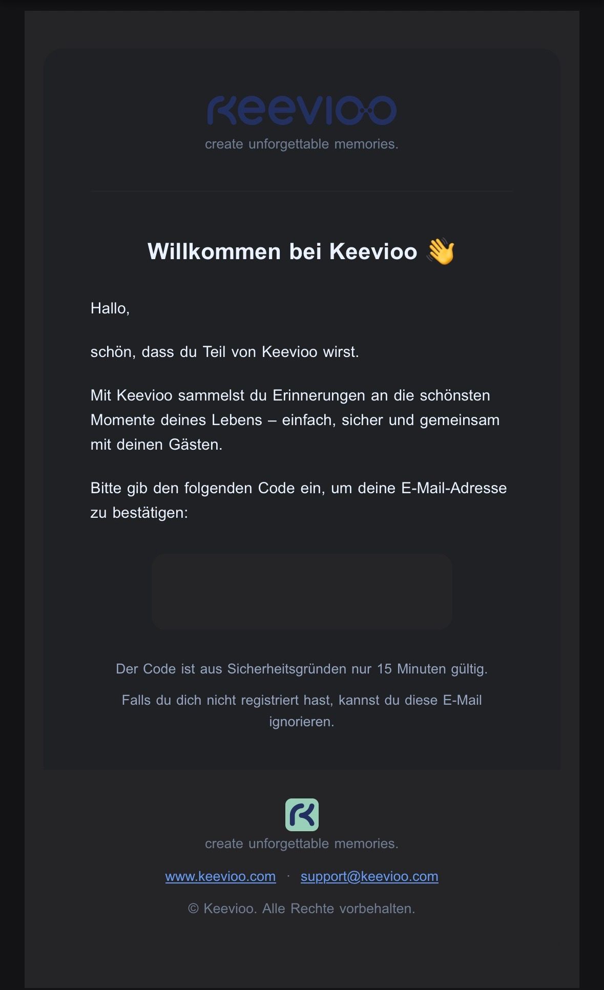 Bestätigungs-E-Mail von KEEVIOO mit dem 10-stelligen Code (hier unkenntlich gemacht)