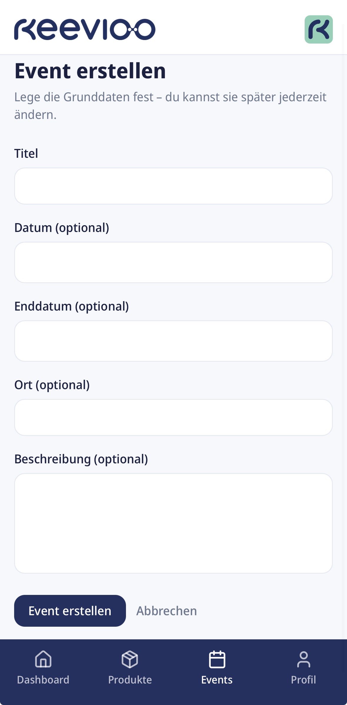 Formular „Event erstellen“ mit Titel, Datum, Ort und Beschreibung