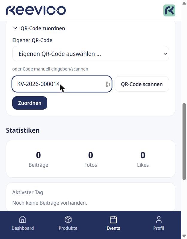 Formular „QR-Code zuordnen“ auf der Event-Seite mit eingegebenem Produkt-Code
