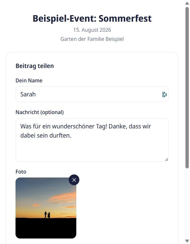 Gast-Formular „Beitrag teilen“ mit Namensfeld, Nachricht und Foto-Auswahl