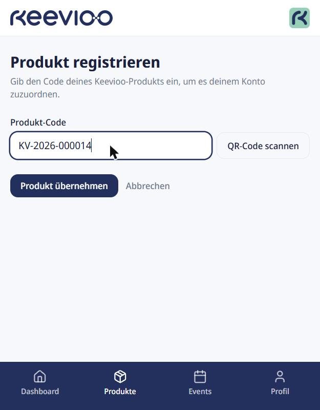 Formular „Produkt registrieren“ mit Eingabefeld für den Produkt-Code und Scan-Button