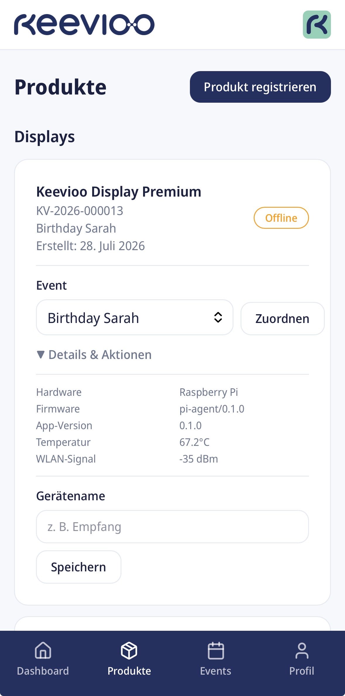 Produkte-Übersicht mit Display, Event-Zuordnungs-Dropdown und aktivem QR-Produkt