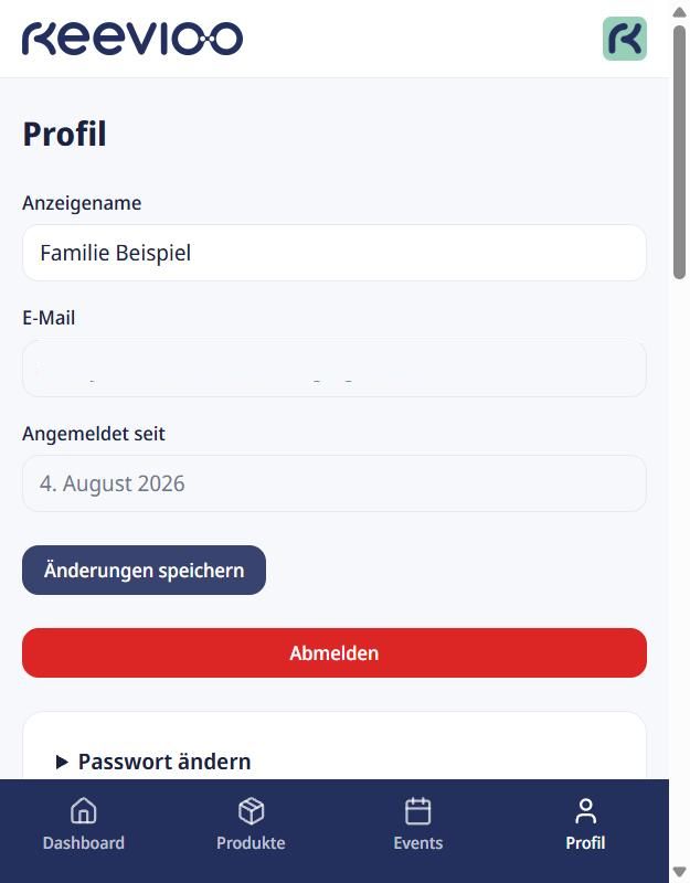 Profilseite mit Anzeigename, E-Mail-Adresse und Abmelden-Button