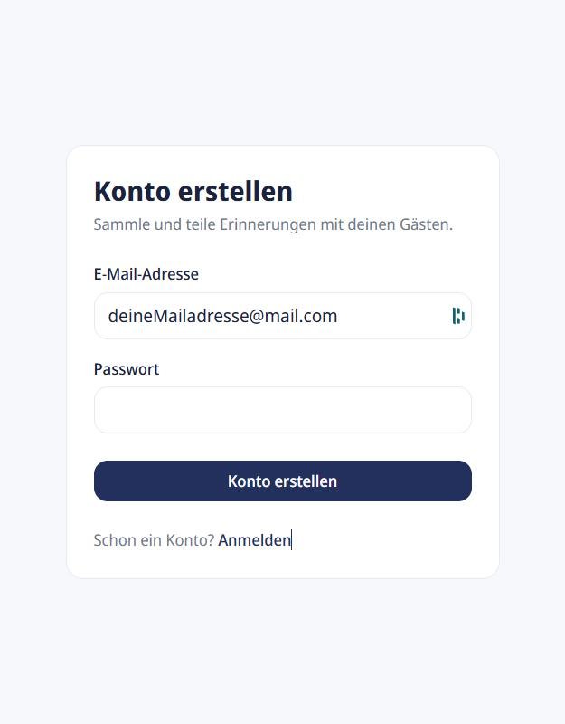 Formular „Konto erstellen“ mit E-Mail-Adresse und Passwort